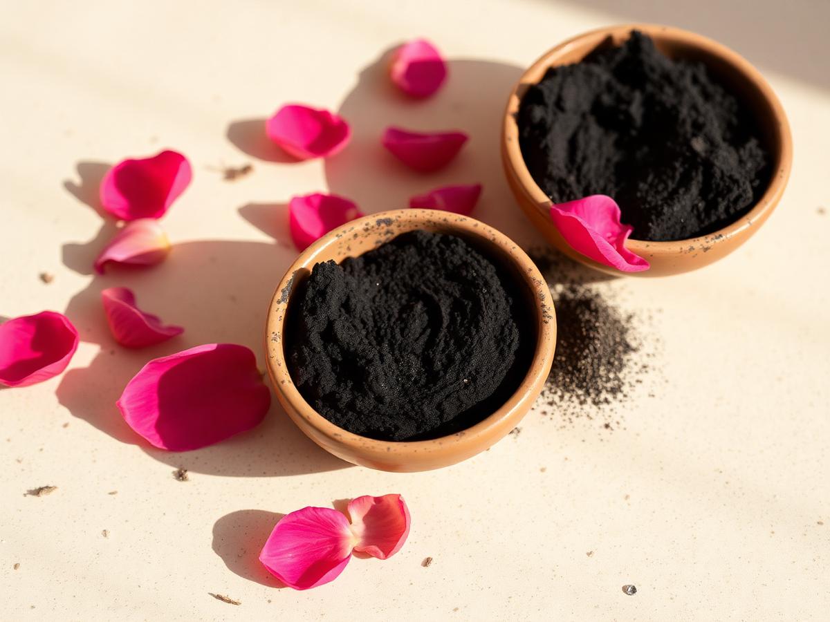 Savon noir et ghassoul dans des bols en terre cuite